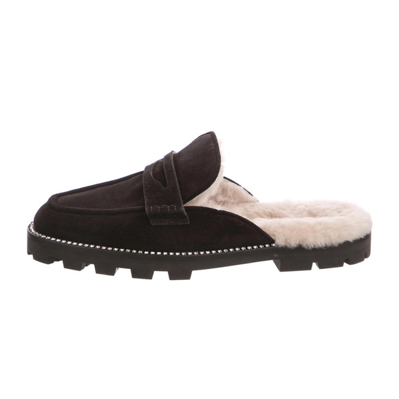 Jimmy Choo Ronnie Mules Slippers Loafers Black Shearling Suede Rhinestone Mules - Picture 3 of 5